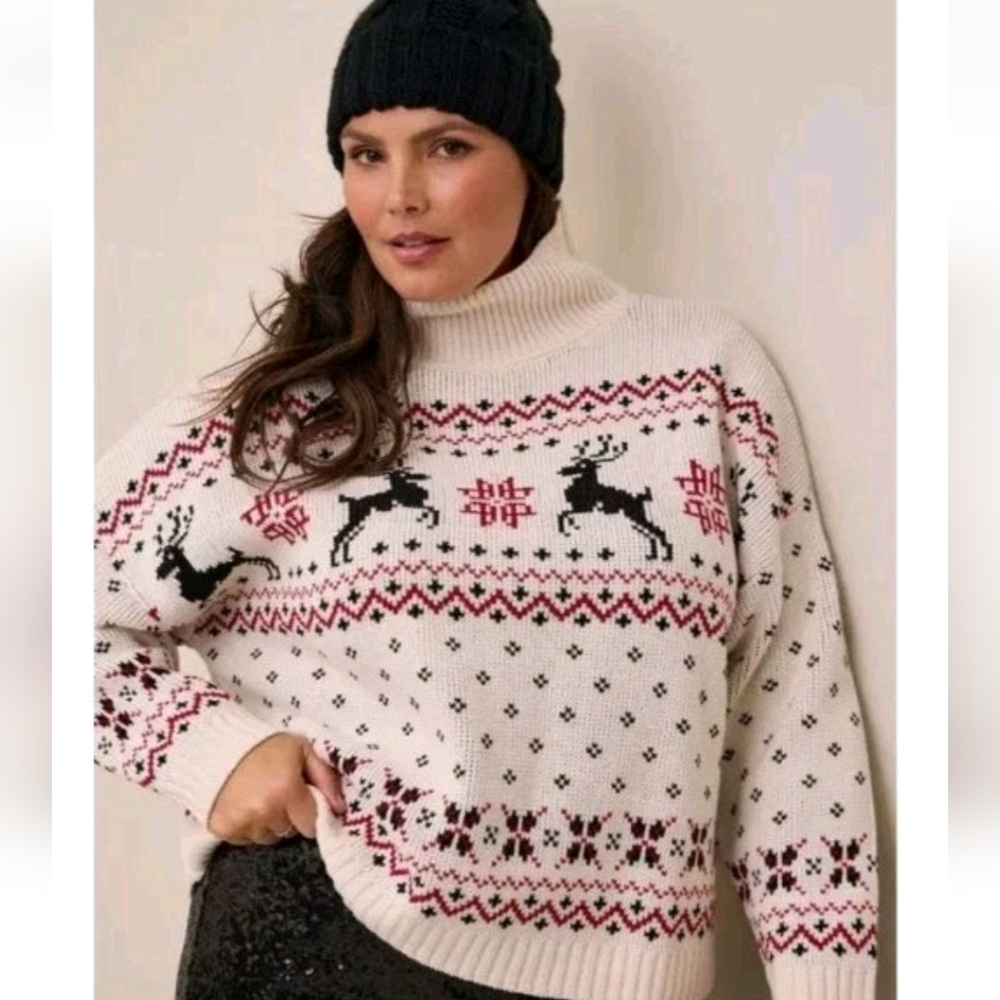 Torrid Holiday Sweater Woman Plus 5X/6X Ivory Reindeer Chunky Knit Christmas Nwt